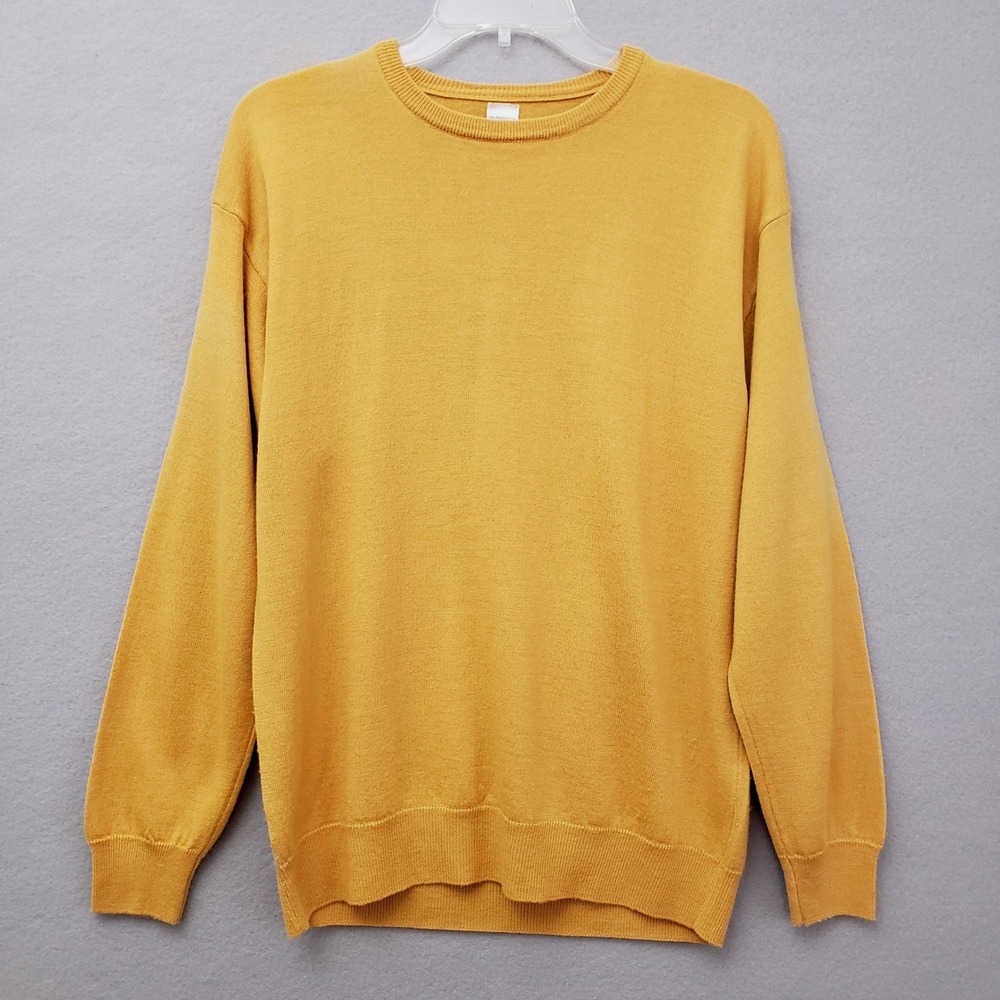 Italian Collection Men L Sweater Mustard Yellow Merino Wool Blend Pullover Italy
